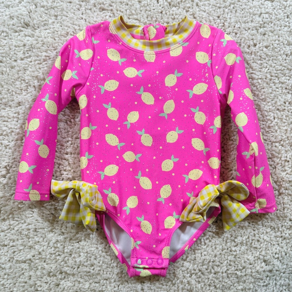 Betsey Johnson Pink Lemon Print Long Sleeve Rash Guard Swimsuit 24M Beach Swim